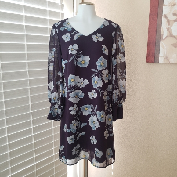 CAbi Ellery dress royal flower floral long sleeve chiffon small new #4018 - Picture 3 of 11